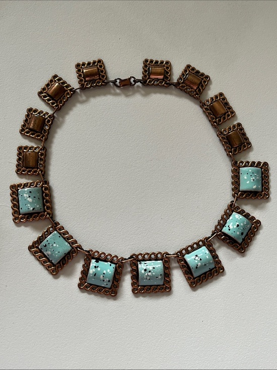 Jewelry - Vintage Mid-Century Copper Enamel Necklace Turquoise Speckled Squares 1950s
